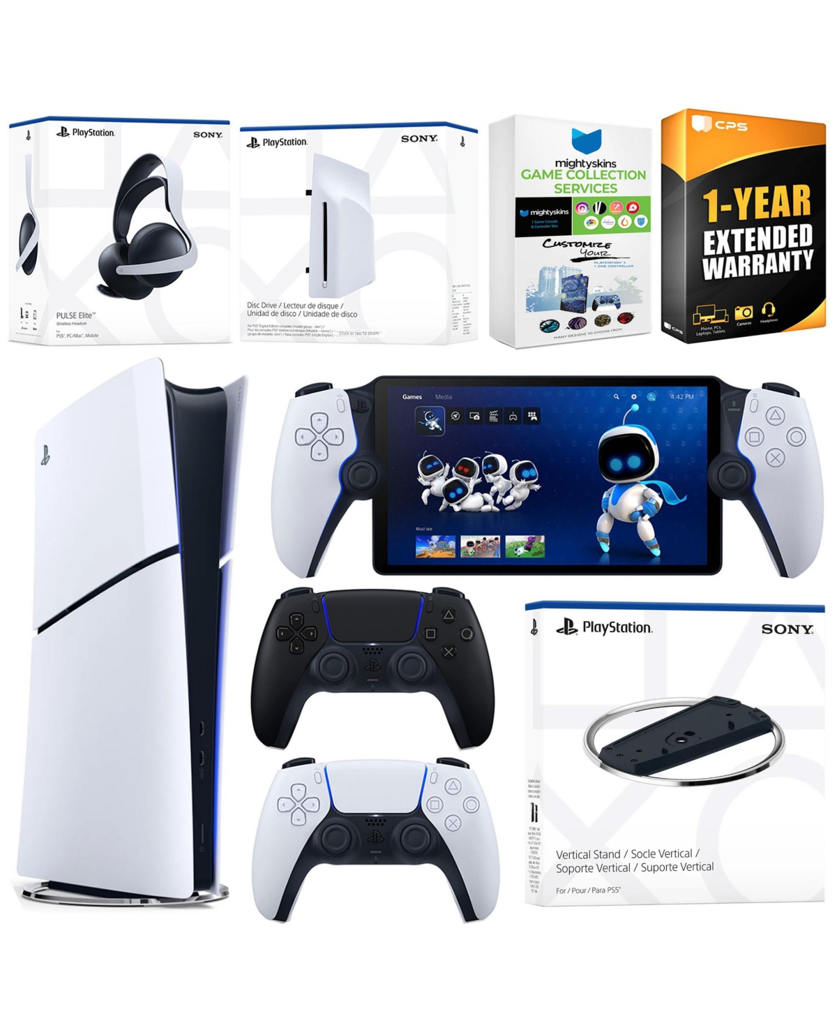 Sony PlayStation 5 Slim Digital Bundle with Disc Drive, Stand, Extra Controller, Pulse Elite Headset, PlayStation Portal, MightySkins Game Collection 