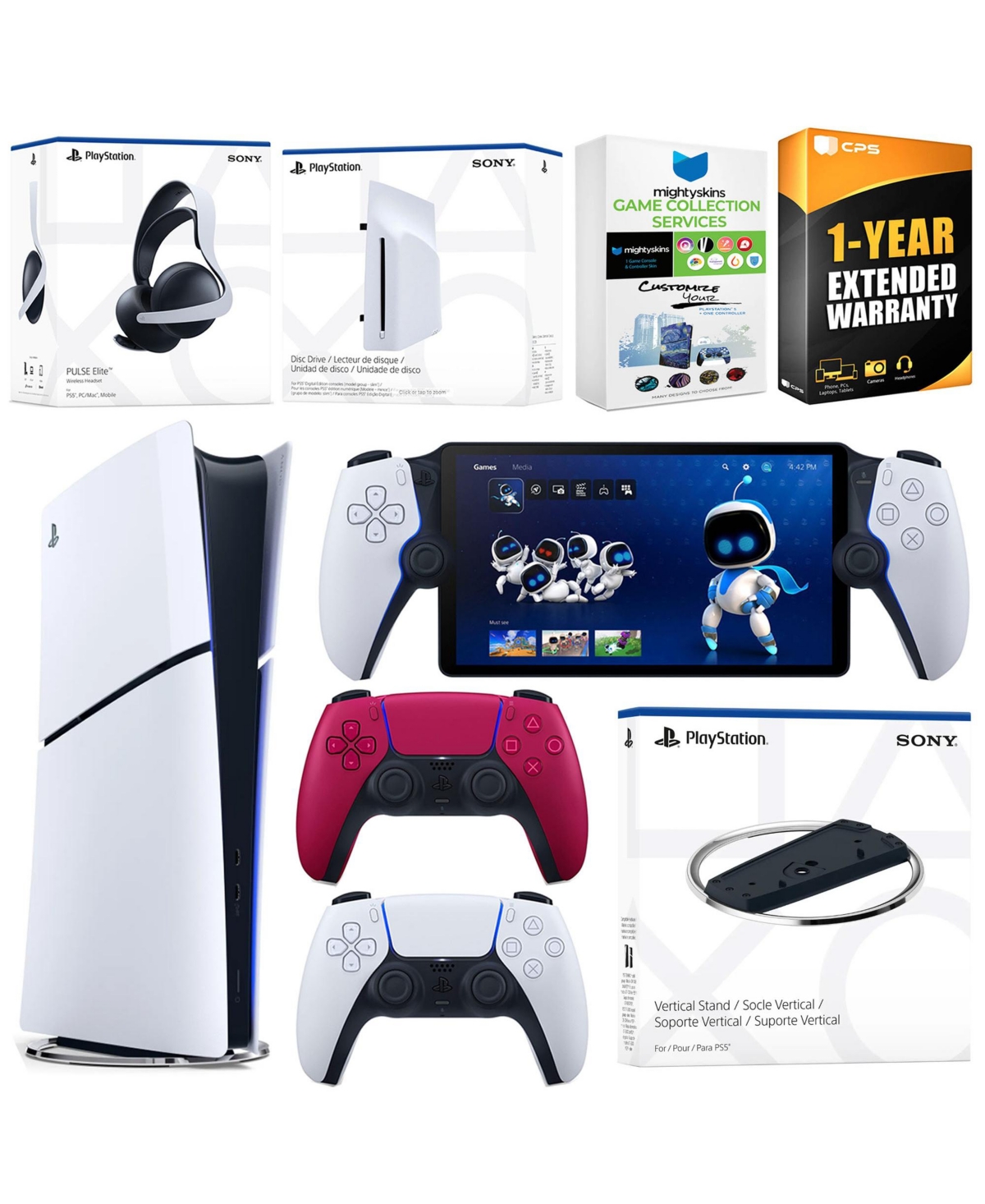 Sony PlayStation 5 Slim Digital Bundle with Disc Drive, Stand, Extra Controller, Pulse Elite Headset, PlayStation Portal, MightySkins Game Collection 