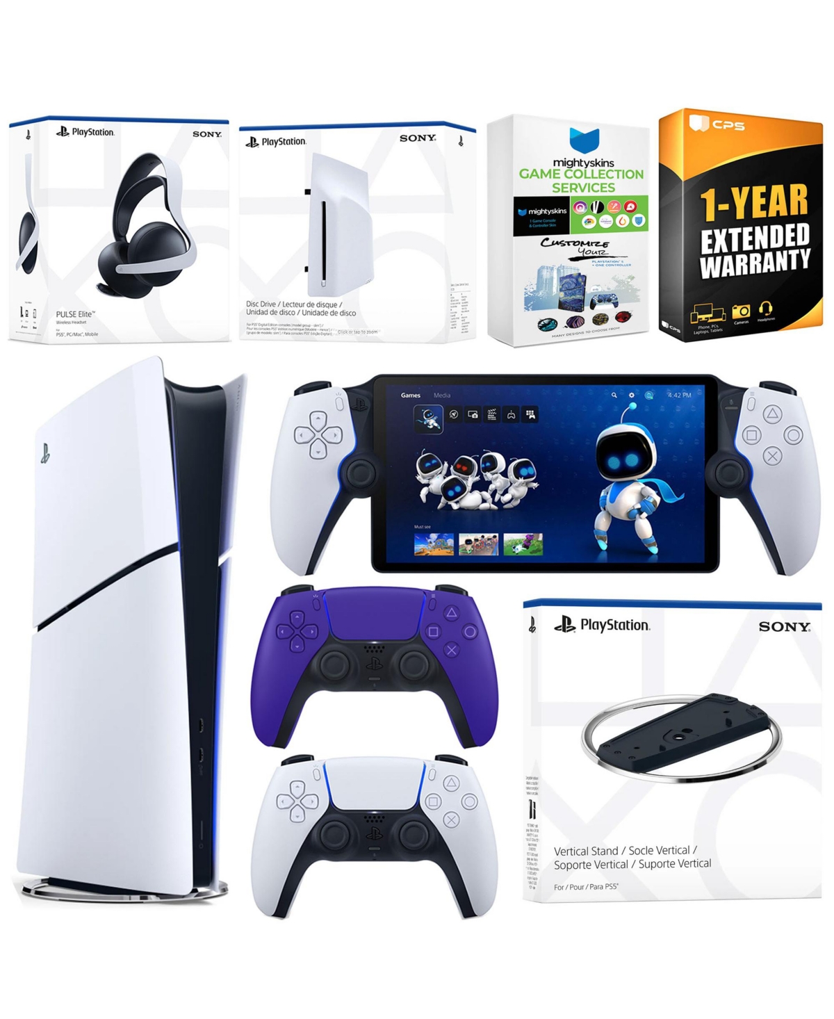 Sony PlayStation 5 Slim Digital Bundle with Disc Drive, Stand, Extra Controller, Pulse Elite Headset, PlayStation Portal, MightySkins Game Collection 