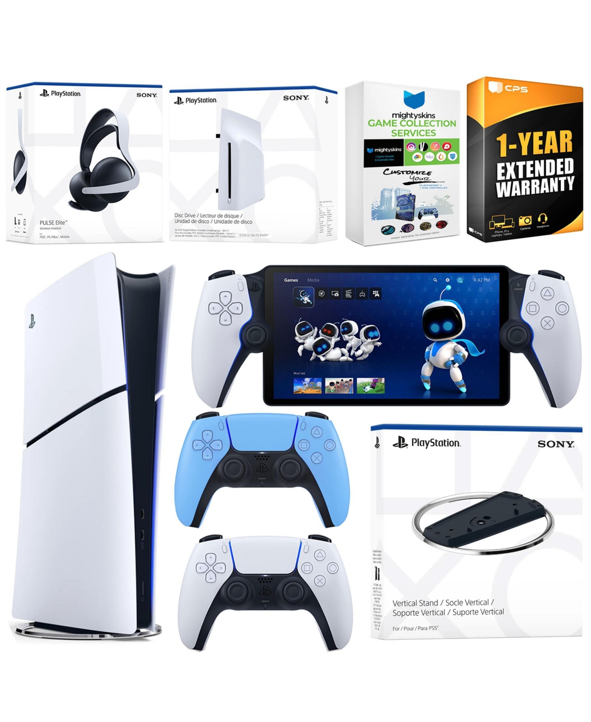 Sony PlayStation 5 Slim Digital Bundle with Disc Drive, Stand, Extra Controller, Pulse Elite Headset, PlayStation Portal, MightySkins Game Collection 
