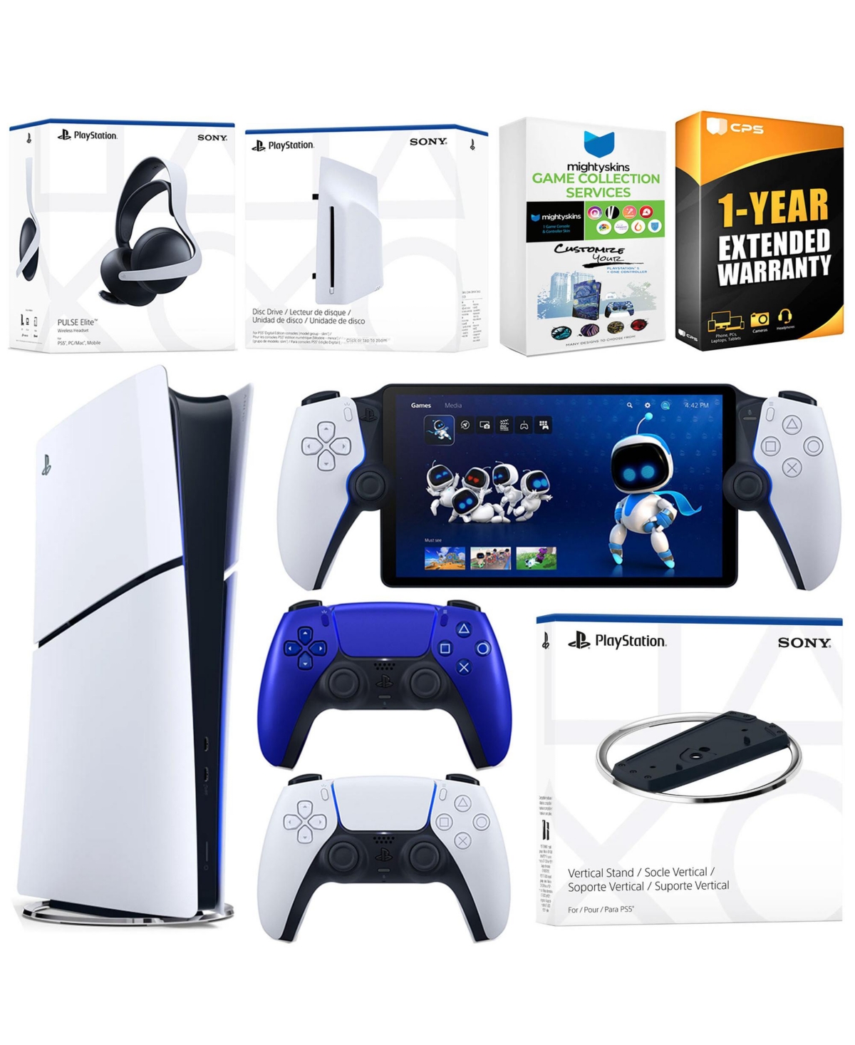 Sony PlayStation 5 Slim Digital Bundle with Disc Drive, Stand, Extra Controller, Pulse Elite Headset, PlayStation Portal, MightySkins Game Collection 