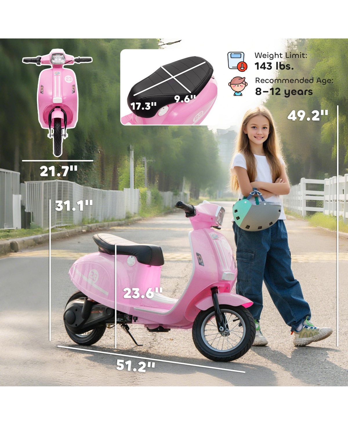 Qaba 24V Kids Motorcycle with Rear Suspension, Lights for 8-12 Years,