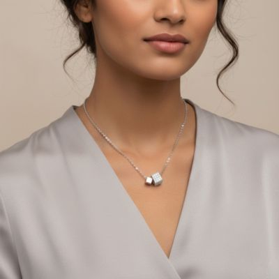 Sterling Silver White Gold Plated with Clear Cubic Zirconia Two-Square Pendant Necklace