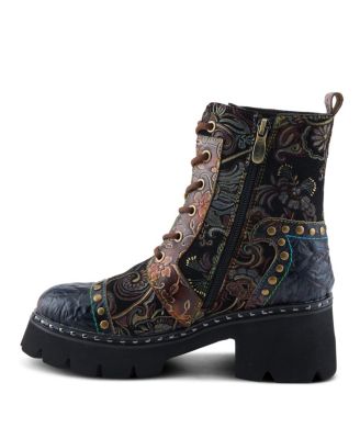 L Artiste Women s SEVERITY Hand-Painted Lace-Up Combat Boot with Studs, Suede Shaft, and Lug Sole