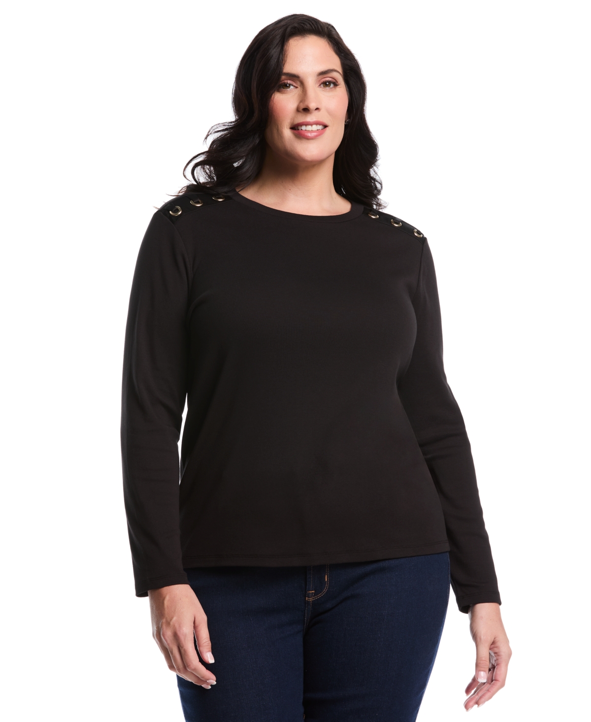 Rafaella Plus Size Laced Crew Neck Long Sleeve Top In Black