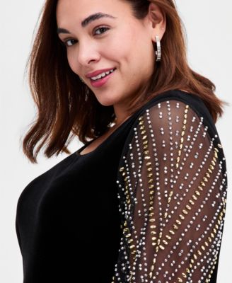 Plus Size Embellished-Sleeve Stretch Velvet Dress
