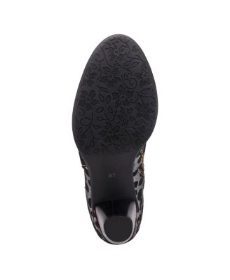 Women's Dessa French-Inspired Leather Booties with Animal Print and Metallic Suede, Ruffle Collar, Rainbow Stitching, and Cone Heel – Textured Zip-Up Statement Boot