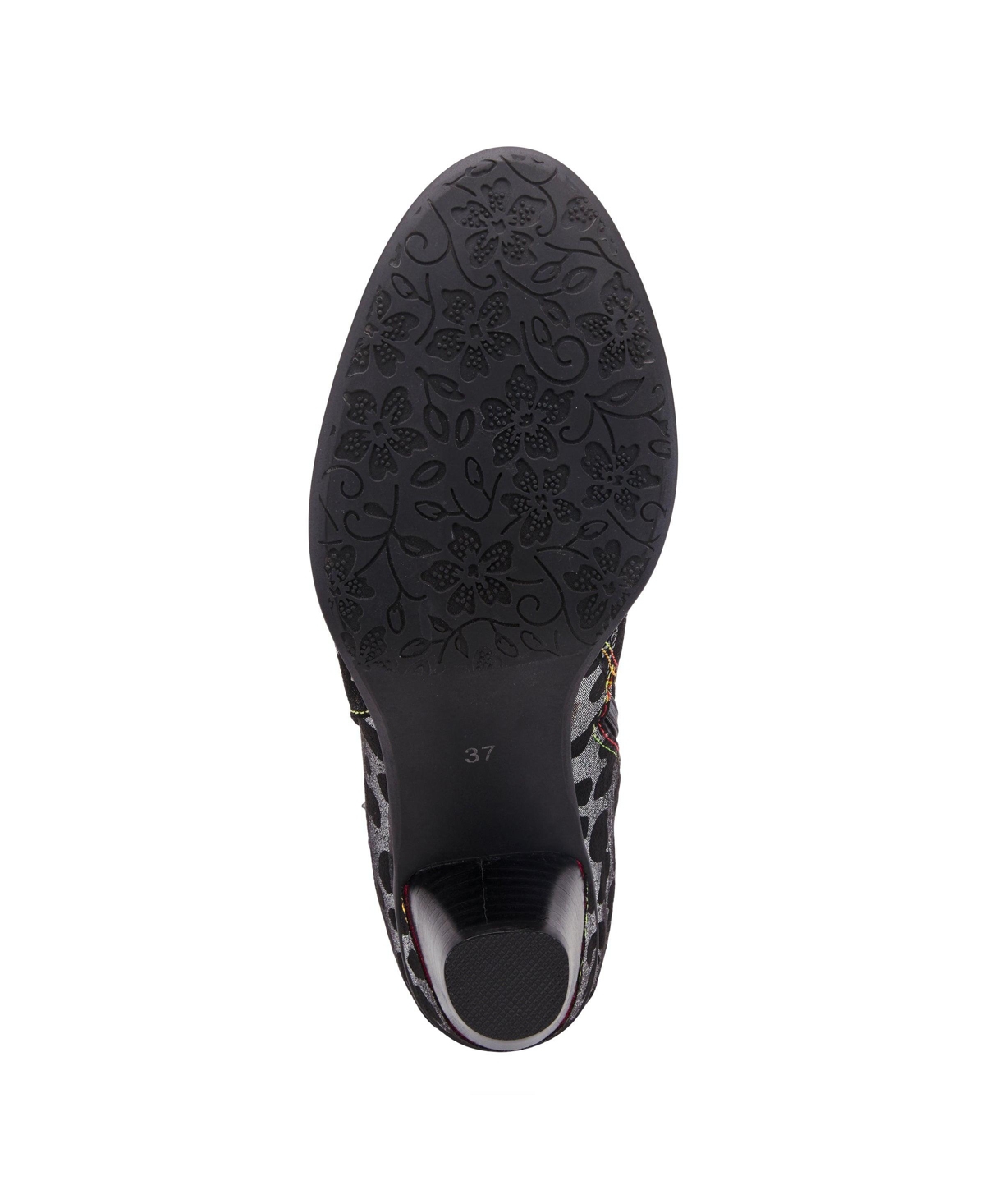 L'Artiste Women's Dessa French-Inspired Leather Booties with Animal Print and Metallic Suede, Ruffle Collar, Rainbow Stitching, Cone Heel – Textur