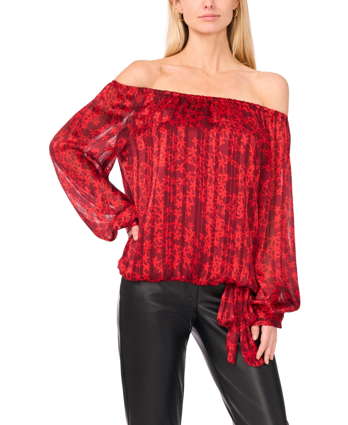Vince Camuto Floral Metallic Stripe Off The Shoulder Top In Red