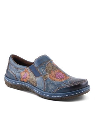 L’Artiste Women’s ANNAWAN Floral Embossed Handpainted Leather Comfort Slip-On Shoes with Stretch Gore and Padded Collar