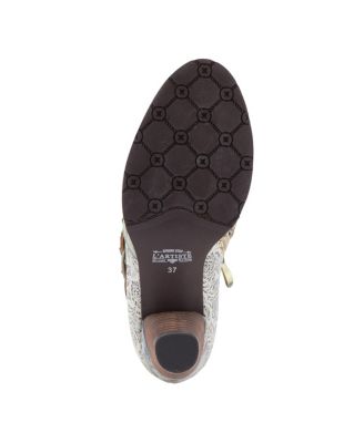 L Artiste Women s Graphic Handpainted Floral Leather Shooties with Antique Buckle and Stacked Heel