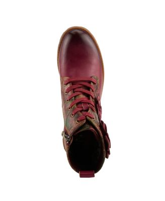 L’Artiste Women’s MARTINELA Floral Appliqu&eacute; Leather Boot with Rainbow Stitching and Lace-Up Detail