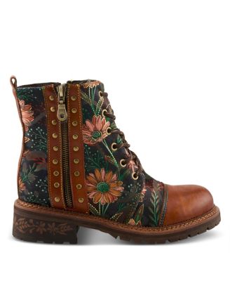 L Artiste Women s CORDEA Embroidered Leather Boot with Lug Sole and Rainbow Stitching
