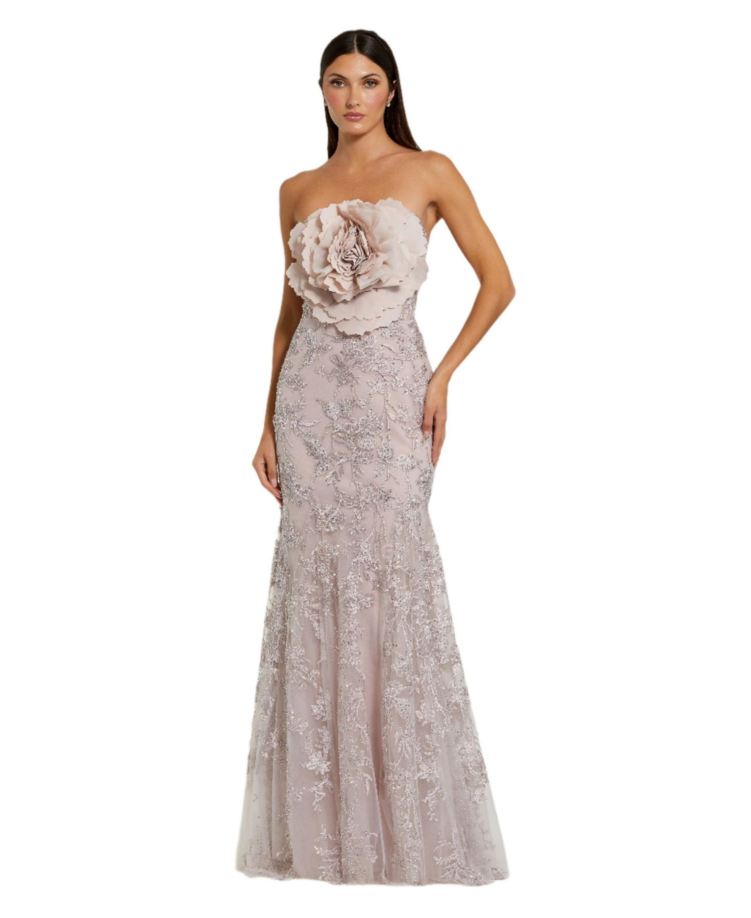 Women's Strapless Beaded Applique Mermaid Gown With Flower