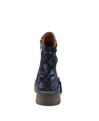 Women's Avrilrose Leather and Denim Booties with Daisy Accents, Lug Sole,Dual Zippers– Unique Mixed-Material Ankle Boots for Bold Fall Style