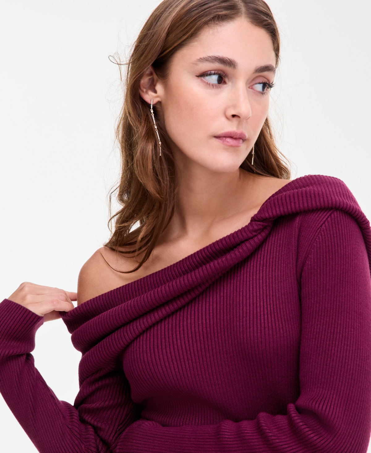 Bar Iii Women's Off-the-shoulder Ribbed Sweater, Macy's Exclusive In Burgundy