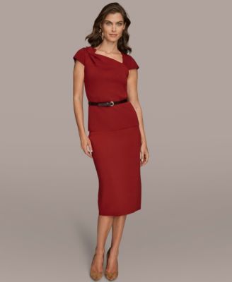 Donna Karan Womens Short Sleeves Asymmetric Belted Sweater Straight Sweater Skirt In Brown