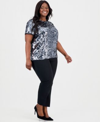 Plus Size Sequinned Chiffon-Trim Top