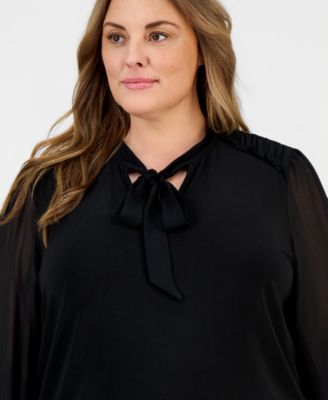 Plus Size Tie-Neck Blouson-Sleeve Top