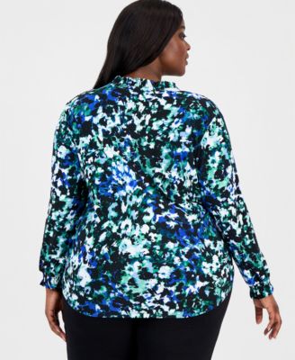 Plus Size Split-Neck Abstract-Print Top