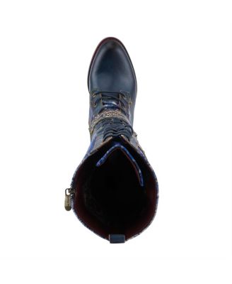 Women's Vaneyck Hand-Painted Tall Boots with Iridescent Leather, Double Buckle Detail, Lace-Up and Zipper Closure, Rainbow Stitching, and Rubber Sole – Statement Cold-Weather Style