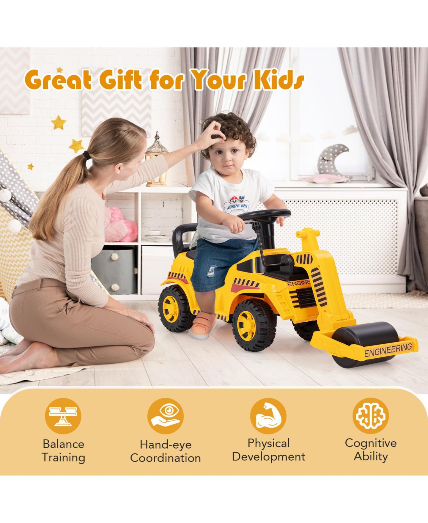 Детская игрушка Gymax Road Roller Adjustable Roller Steering Wheel with Engine Sound Ride-On, 33 lbs Capacity, Ages 19-36 Months, цвет: Жёлтый — фото 4