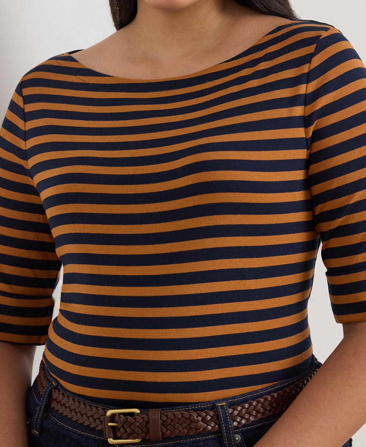 Ralph Lauren Plus Size Striped Boat Neck T-shirt In Brown
