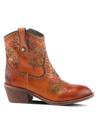 L Artiste Women s GALOP Handpainted Leather Western Booties with Floral Embossing, Pull Tab, and Side Zipper