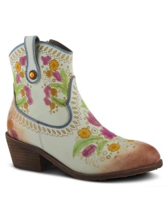 L Artiste Women s GALOP Handpainted Leather Western Booties with Floral Embossing, Pull Tab, and Side Zipper