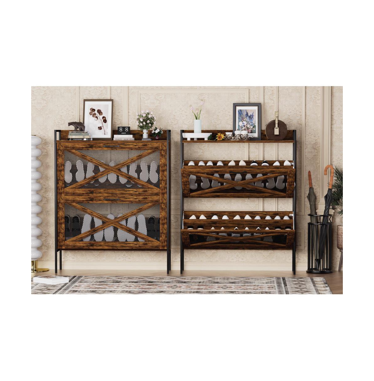 Chic Crate-2-Drawer Flip-Top Shoe Cabinet Narrow | Entryway | Metal Legs | Rustic Brown | 31.5inx8.5inx39.5in
