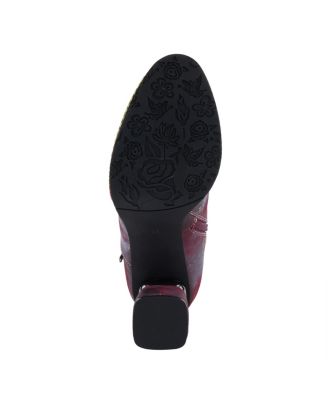 Women's Carre Floral Print Leather Booties with Metallic Cap Toe, Decorative Ribbons, Rainbow Stitching, and Printed Wrapped Heel