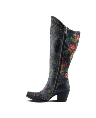 Women's Mallorie Hand-Painted Cowboy Boots with Floral and Butterfly Shaft, Snip Toe,  and Velvet Lining – Western-Inspired Tall Boots