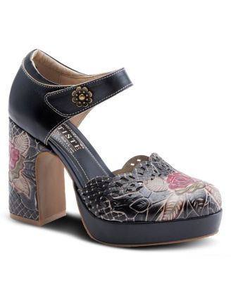 Women's Debbihary Hand-Painted Leather Mary Jane Pumps with Rose Embossing, Cutouts, Adjustable Strap, and 4-Inch Leather-Wrapped Heel