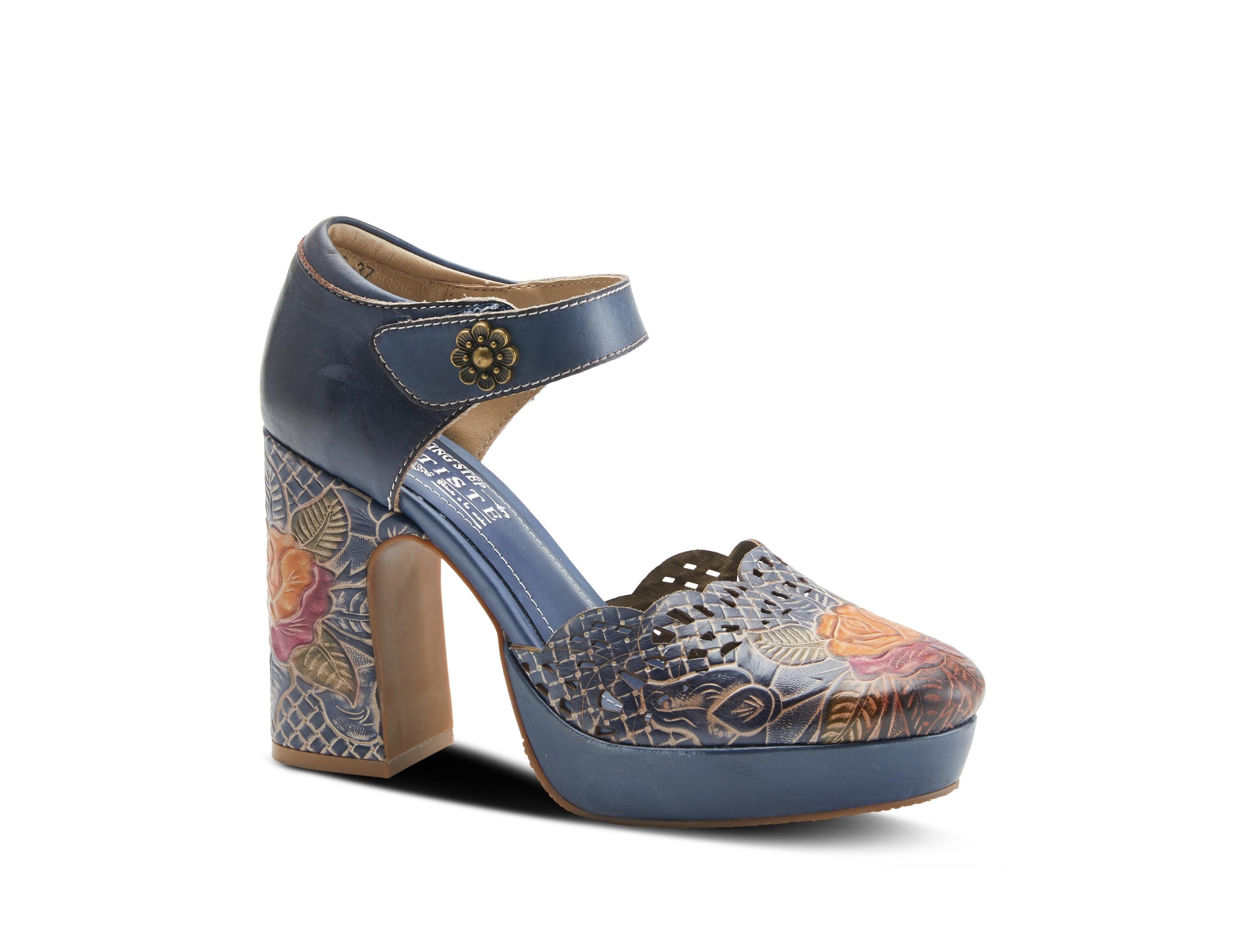 L'Artiste Women's Debbihary Hand-Painted Leather Mary Jane Pumps with Rose Embossing, Cutouts, Adjustable Strap, and 4-Inch Leather-Wrapped Heel – Ele