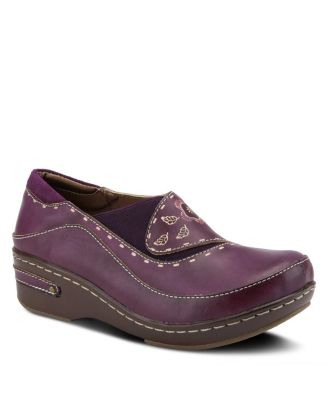 L Artiste Women s BURBANK Hand-Painted Leather Clogs with Floral Embossing and Elastic Insets