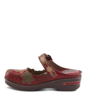 Women's Flochino Leather Clogs with Floral Ankle Strap, Scalloped Edges, Brass Buckles, and Plush Microsuede Footbed – Comfort Slip-Ons