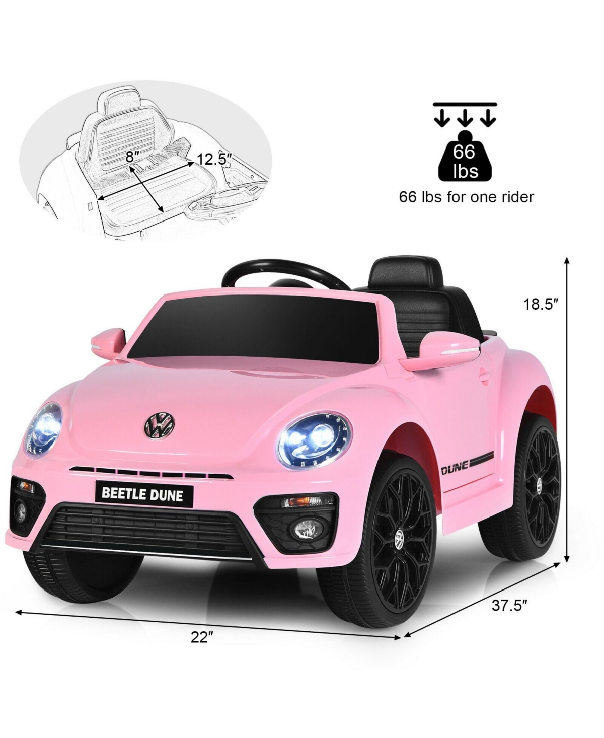 Volkswagen Beetle Kids Electric Ride-On Car with Remote Control - Pink