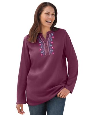 Women's Plus Size Embroidered Thermal Henley Tee