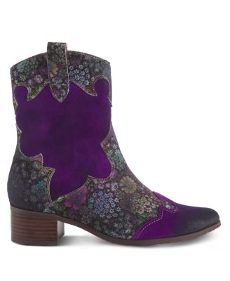 L’Artiste Women’s LADYLUCK Western Suede Booties with Floral Overlay and Block Heel