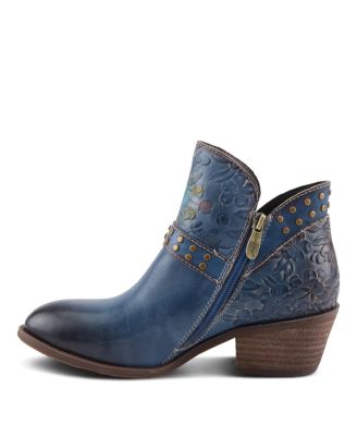 Women's Daintylady Western Ankle Boots with Hand-Painted Floral Embossing, Studded Belt Detail – Feminine Cowgirl-Inspired Comfort Booties