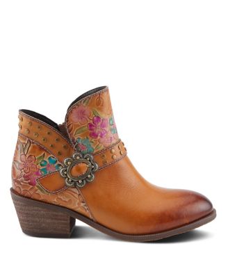 Women's Daintylady Western Ankle Boots with Hand-Painted Floral Embossing, Studded Belt Detail – Feminine Cowgirl-Inspired Comfort Booties