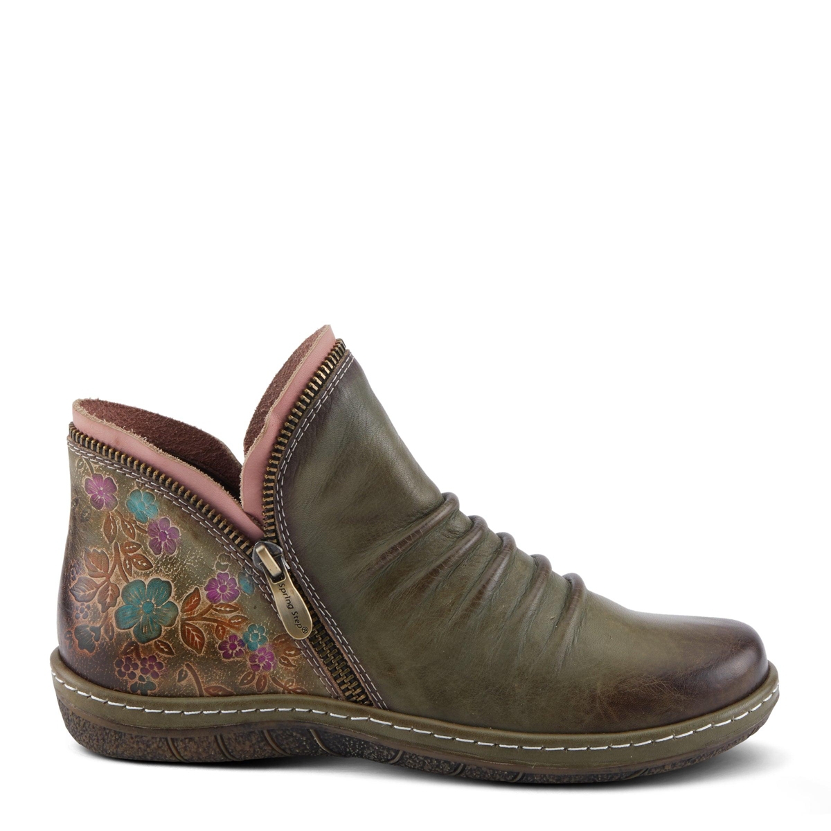 L'Artiste Women's Chesapeake Hand-Painted Leather Booties with Ruched Front, Inside Zipper, Floral Details, and Flexible Sole – Comfortable Boho-Inspi
