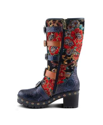L Artiste Women s BRAZEN Mid-Shaft Boot with Embossed Floral Leather, Buckled Straps & Faux Fur Lining