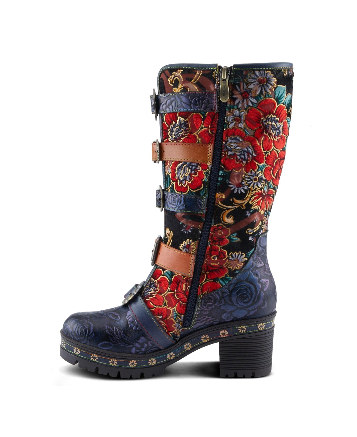 L Artiste Women s Brazen Mid-Shaft Boot with Embossed Floral Leather, Buckled Straps & Faux Fur Lining