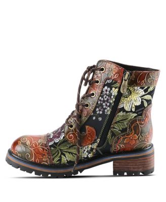 Women's Fantastic Leather Booties with Embroidered Textile, Embossed Floral Leather,  and Lug Sole – Comfort Ankle Boots for Fall Style