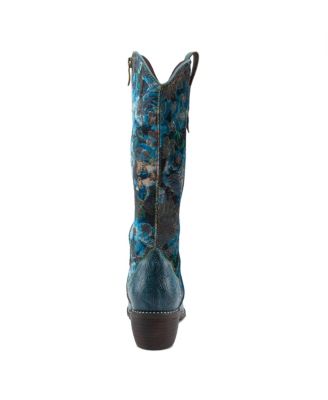 L Artiste Women s RODEOQUEEN-VIV Western Tall Boots with Embossed Leather, Floral Velvet Shaft, and Stacked Heel