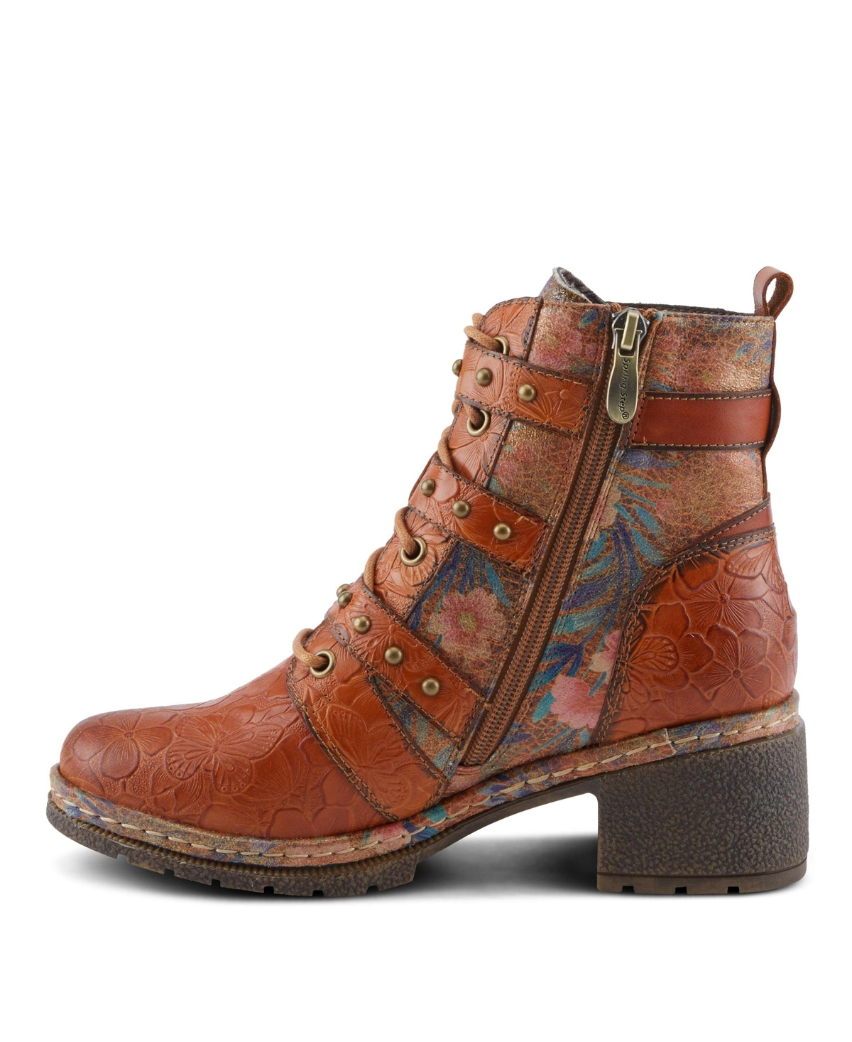 L'Artiste Women's Moonlit Leather Booties with Floral Embossing, Triple Buckle Straps, Inside Zipper, and Lug Sole – Velvet-Lined Statement Ank