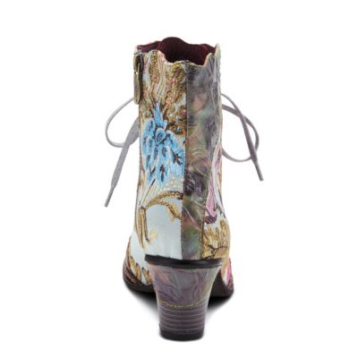 L’Artiste Women’s SIREN Embroidered Floral Lace-Up Booties with Embossed Leather, Scalloped Trim & Cone Heel