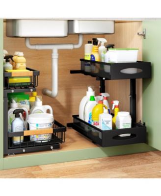 Under Sink Organizer, 2 Tier Pull Out Cabinet Organizer Baskets with Mesh Sliding Drawers, Slide Out Storage Shelf for Home, Kitchen, Bathroom, Pantry, Office Cabinet, Countertop(2 Pack)