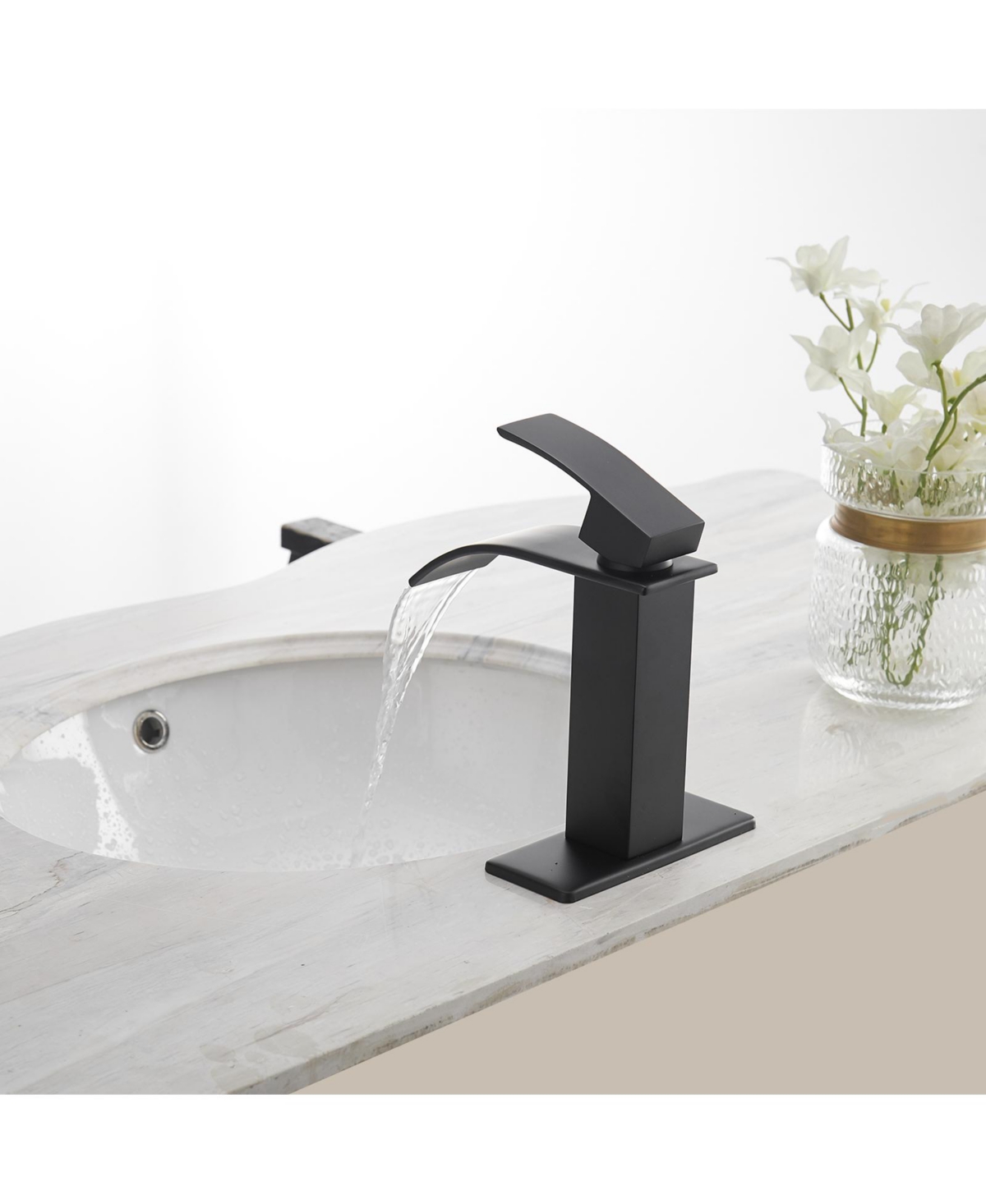 Greenspring Waterfall Single Handle Hole Modern Bathroom Faucet With Metal Drain Drip-Free Vanity Sink Brushed Gold